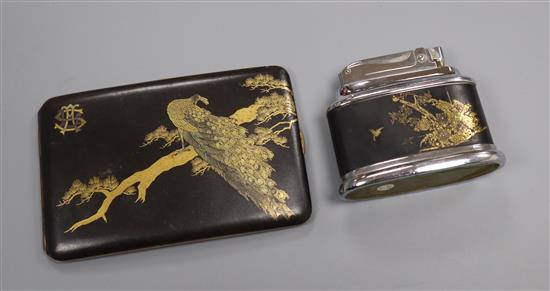 A Komai peacock cigarette case, signed and a cigarette lighter